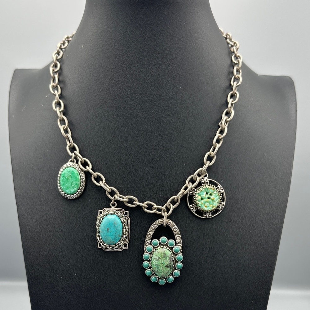 Turquoise Charm Pendant Necklace - Silver Tone
